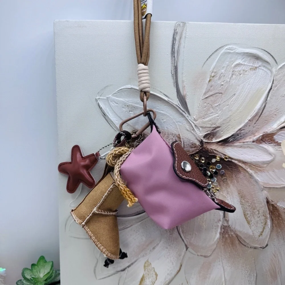Women's Pink Mini Coin Purse wristlet w/ Cute Boot, Star, Heart Charms